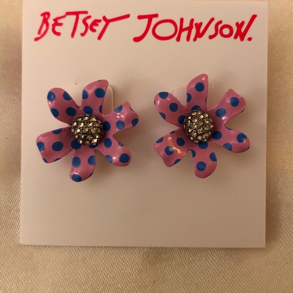 Betsey Johnson Enchanted Garden Pink Flower Stud Earrings Blue Polka Dots NWT - Picture 2 of 11
